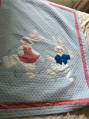 Children's Blue Bunny Appliqué Quilt - Light Blue with Red Accents